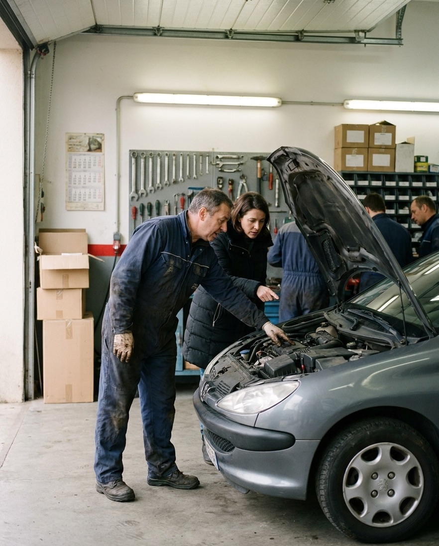 Un garagiste en bleu de travail montre le compartiment moteur d'une voiture à une cliente, dans un atelier rangé.