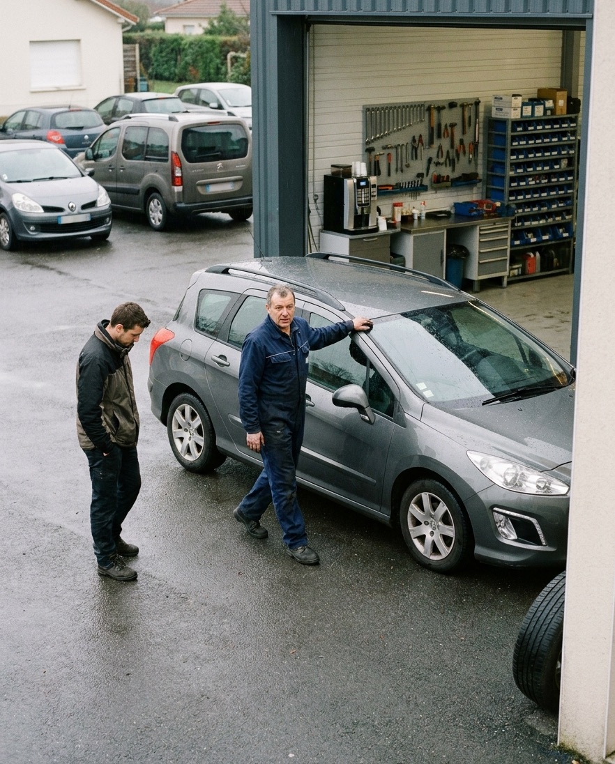 Un mécanicien et un client font le tour d'une voiture garée devant l'atelier, par un jour gris.